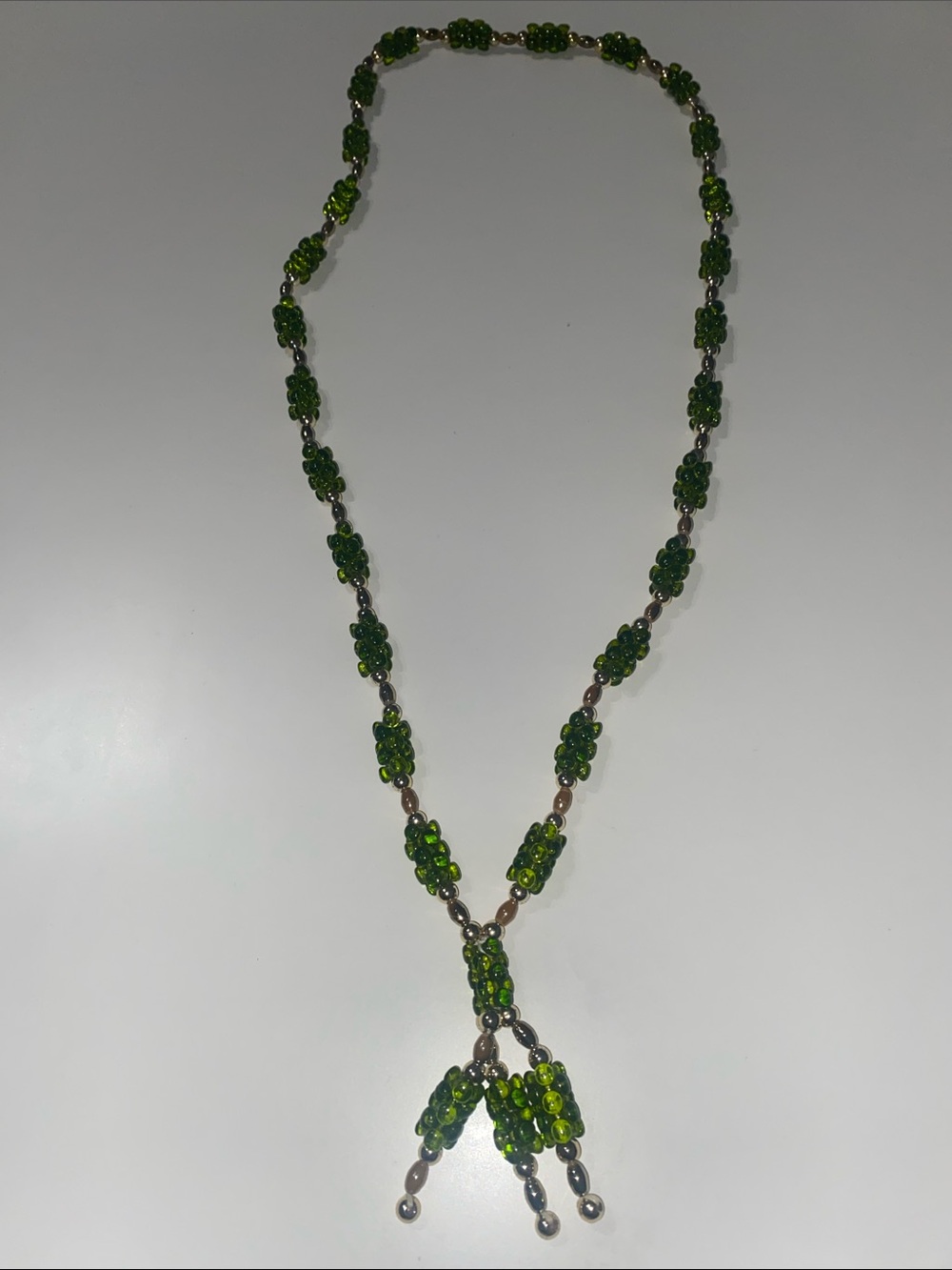 Green Beaded Lariat Necklace - Gold Tone Accents